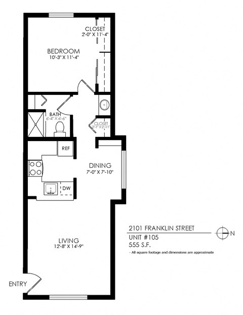 A floor plan of a one bedroom apartment at 2101 Franklin Street.